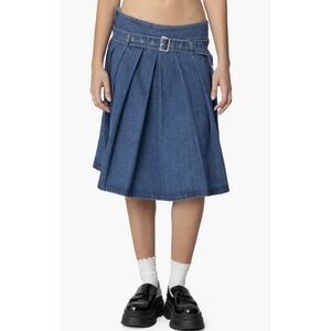 Edikted Womens Belted Pleated Denim Midi Skirt
